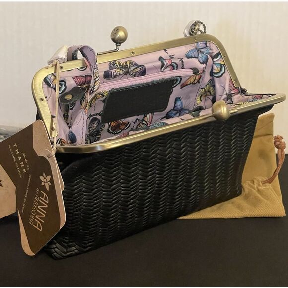 ANUSCHKA Black Woven Genuine Leather Handbag Kiss Lock Clutch Shoulder Bag Purse - Picture 6 of 8